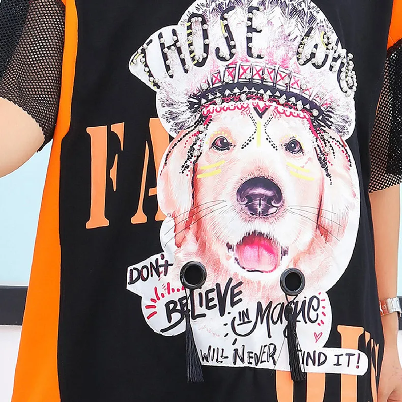Vefadisa Women Red Orange Stitching Color Dress With Rhinestone Lovely Dog Print T Shirt Mesh Patchwork DressZQY252A |