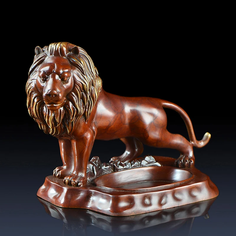 

Collectible Brass Lion Statue Chinese Palace Pure Copper Lion Ashtray Craft Home Office Decoration