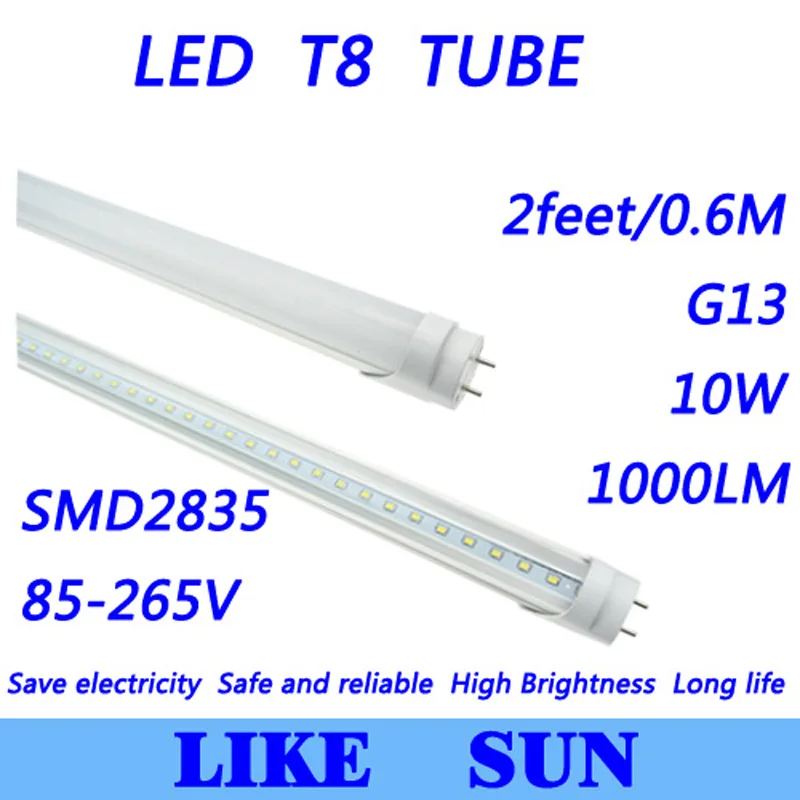

Бесплатная доставка, 2 шт./лот, высокое качество, T8, 2 фута, 600 мм, 10 Вт, SMD2835, G13, 1000 лм, 85-265 в, теплый белый/холодный белый свет