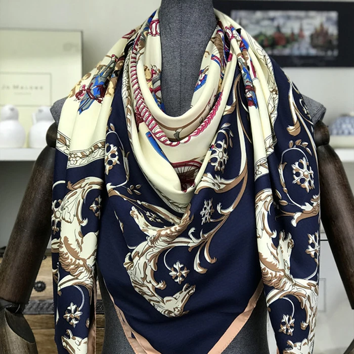 Twill Silk Square Scarf Spain Horse Print Neckerchief Original Design Euro Carriage Foulard Hijab Silk Shawls Wrap Female Scarf