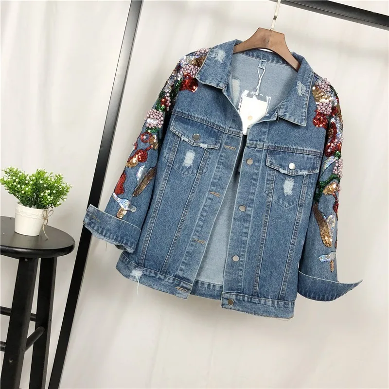 Spring Autumn Casual Denim Jacket Women Embroidery Floral Beading Pearl Sequin Patch Epaulet Ripped Hole Bomber Jeans coat NZY27 | Женская