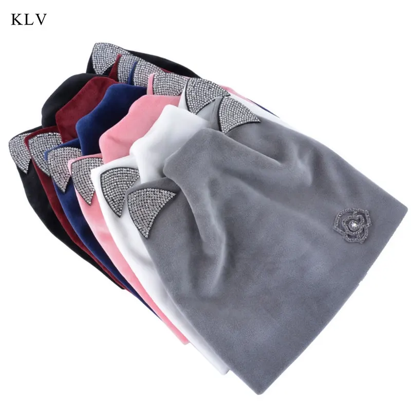 KLV New Womens Autumn Winter Flower Sweet Cat Ear Head Hat Velvet Warm Skullies Cap With Shiny Rhinestone Cute Sheathing Bonnet
