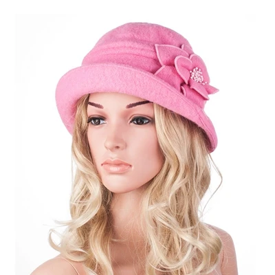 Pink Зимняя женская шапка 1920s в стиле Гэтсби, цветочный теплый шерстяной берет, зимняя шапка, дамские шапочки, церковные шапки, шляпки, шляпка, фетровые шляпы A299 - Цвет: Pink
