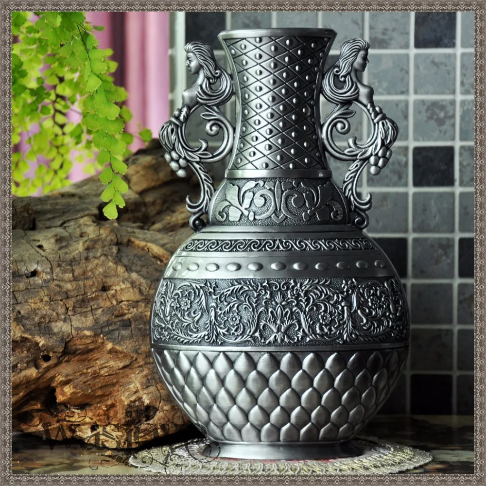 

Europe H25CM Ancient tin color vintage vase home decoration vases alloy metal flower vase for table decoration vase 012B