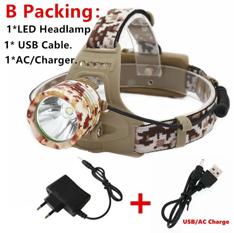 B Packing XML-T6 светодиодный налобный фонарь для рыбалки, фонарь для охоты, перезаряжаемый фонарик с кабелем DC/USB - Испускаемый цвет: B Packing