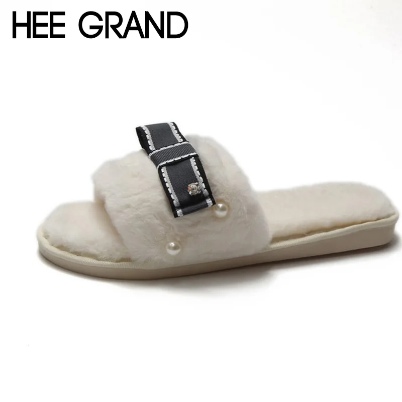 HEE GRAND Women 2019 Winter Indoor Slippers Causal Shoes Slip on with Bow-cot Pearl Warm Women's Mujer XWT1401 | Обувь