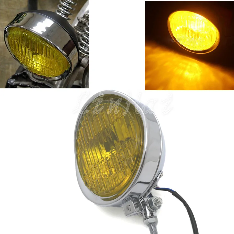 Motorcycle 5.7&quot 12V Chrome Retro Headlight Yellow Lens For Harley Old School Bobbers |