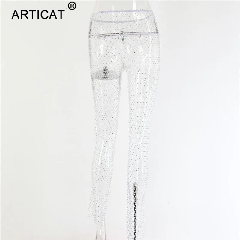 Articat, стразы, алмаз, сексуальные, с разрезом, широкие брюки, для женщин, высокая талия, выдалбливают, летние, женские брюки, повседневные, пляжные, вечерние, брюки