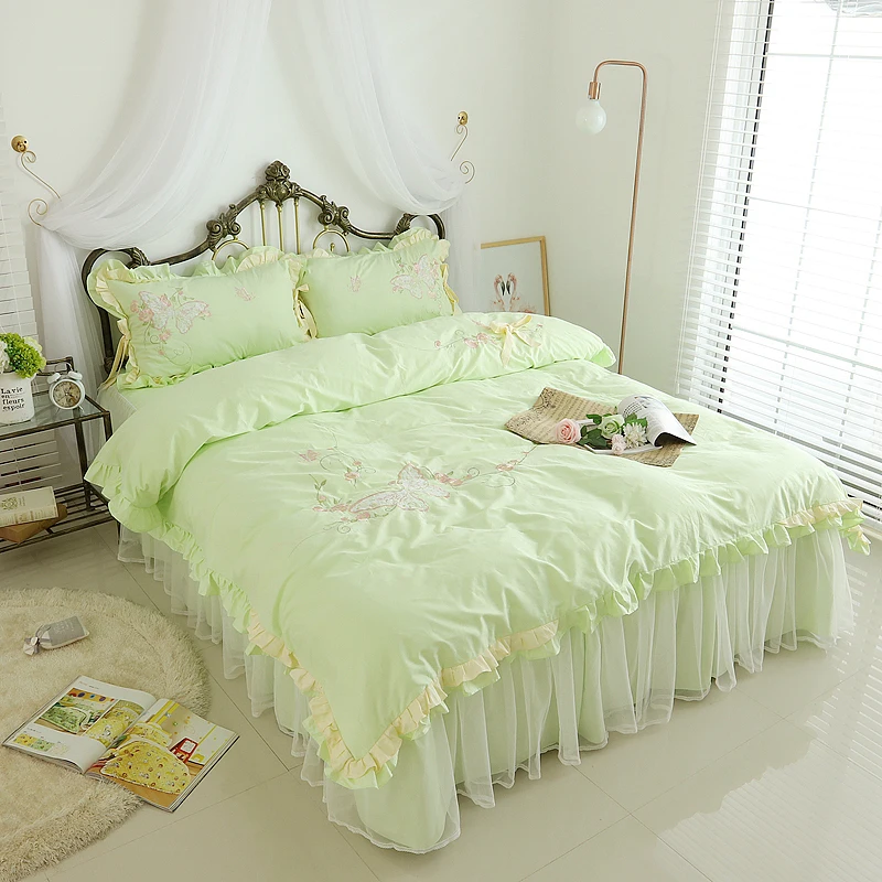 Elegant pastoral bedding set embroidery flower double ruffle douvet cover lace bedspread quality fabric bed sheet home textile | Дом и сад