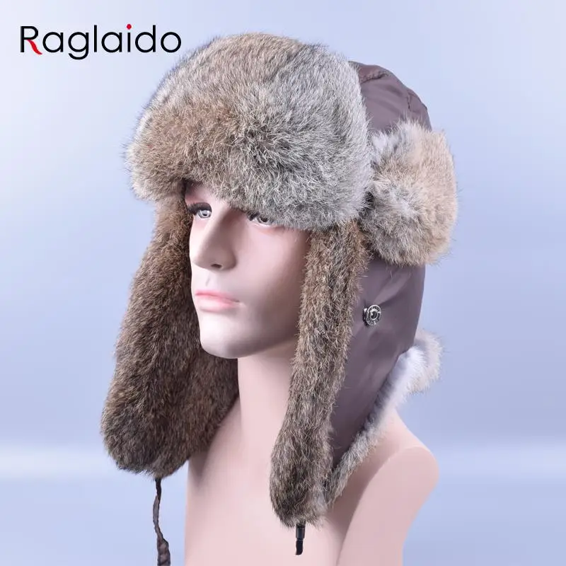 Raglaido шапка-бомбер из меха кролика Рекс, шапки-ушанки, толстые теплые зимние шапки для снега, русская Мужская меховая шапка, ушные колпачки закрылков, ушанка LQ11180