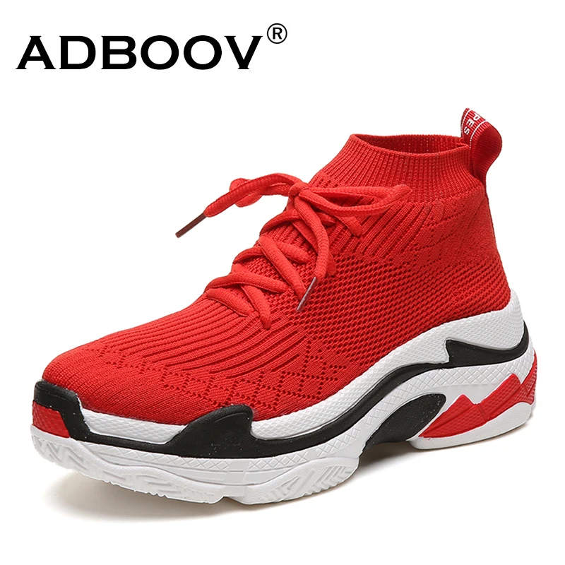 ADBOOV/; модные высокие кроссовки; женская дышащая обувь на платформе с вязаным верхом; tenis feminino; повседневная женская обувь; Цвет черный, красный