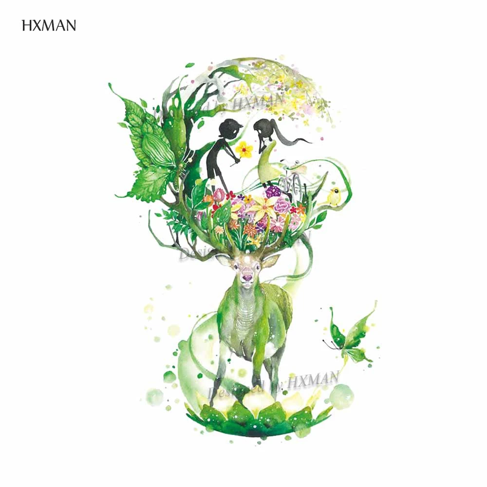 Временная тату наклейка HXMAN с изображением оленя акварельные татуировки для