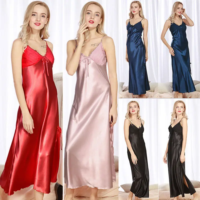 Женский атласный Шелковый Атласный кружевной халат ночная рубашка нижнее белье