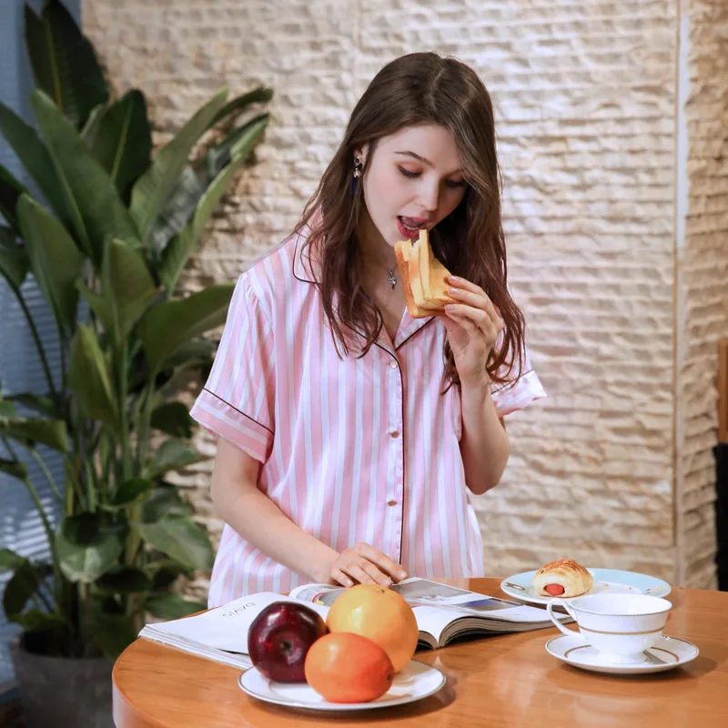 2018 девушки сезон: весна–лето новые шелковые розовый полосатый пижамный комплект