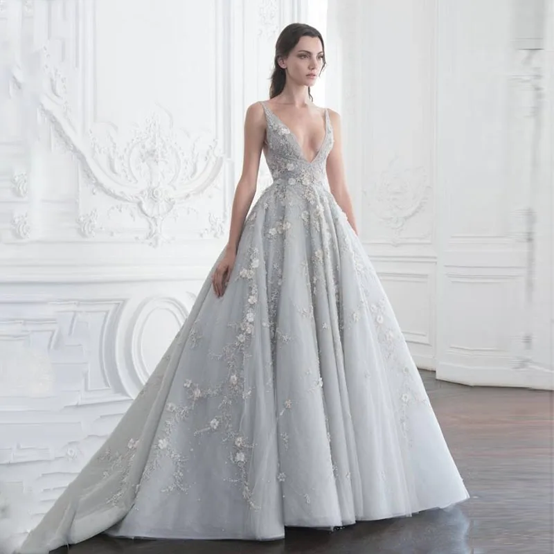 

Vestido de festa Gray Silver Evening Gowns High Quality Lace Appliqued Formal Long Dresses Sweep Train Prom Gowns Custom Made