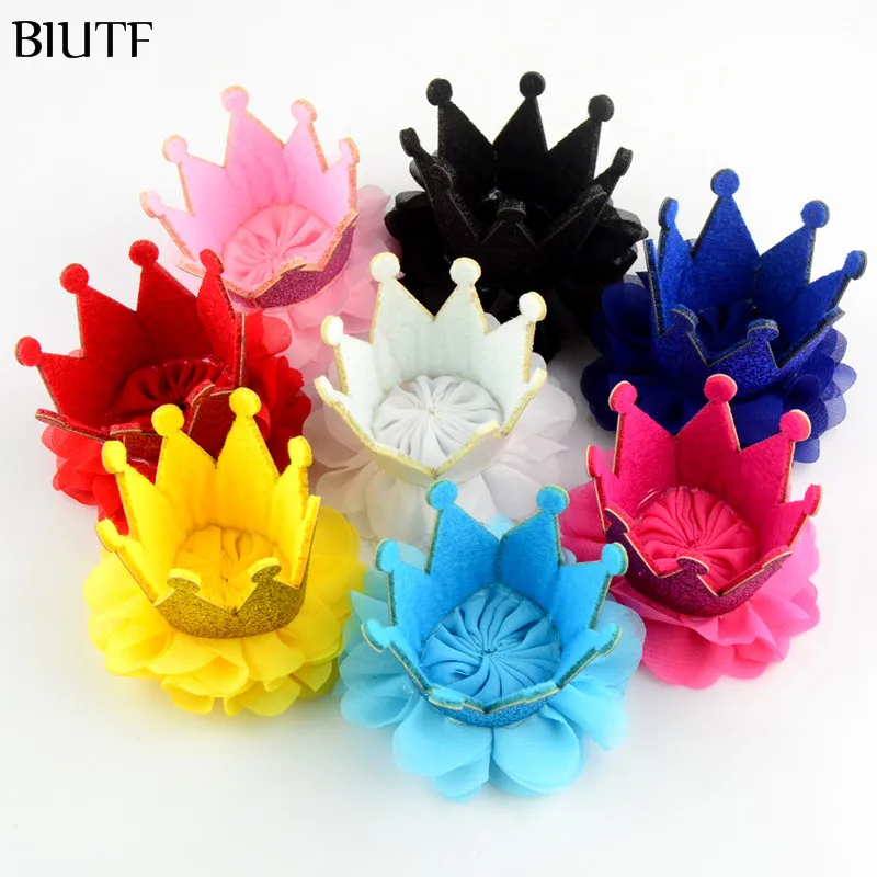Блестящая фетровая корона для принцессы 100 шт./лот с шифоновым цветком плоской