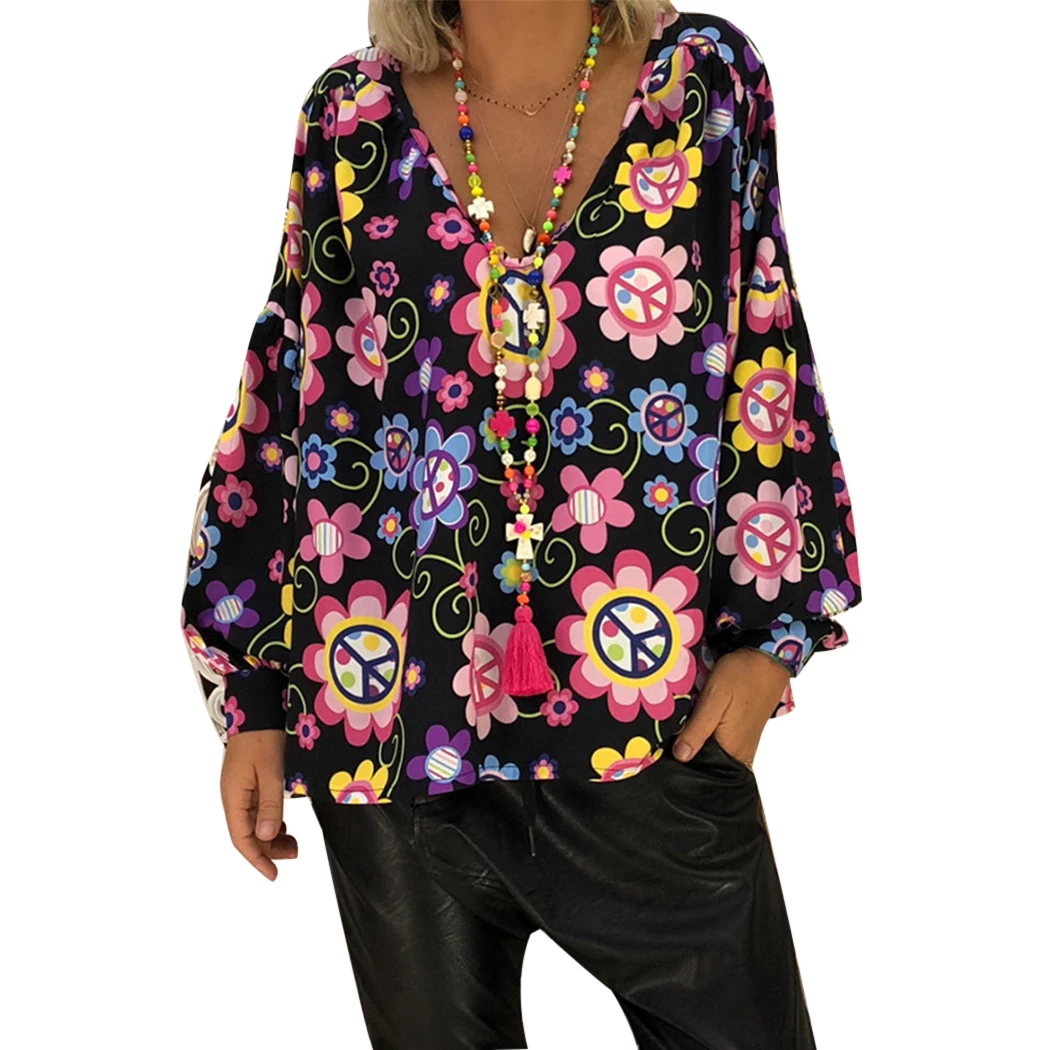 Осенняя Женская Бохо С v образным вырезом Свободная блузка Топы 5XL 2018 Модная