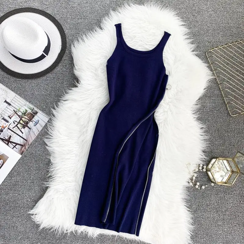 Женский вязаный сарафан ALPHALMODA без рукавов с круглым вырезом на молнии сбоку