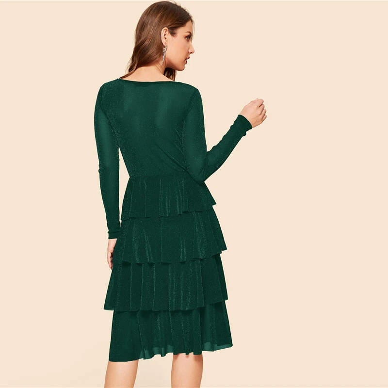 SHEIN Блестящее Платье С Многослойными Оборками Эластичные Женские Осенние Платья с Рюшами С V-образным Вырезом С Высокой Талией