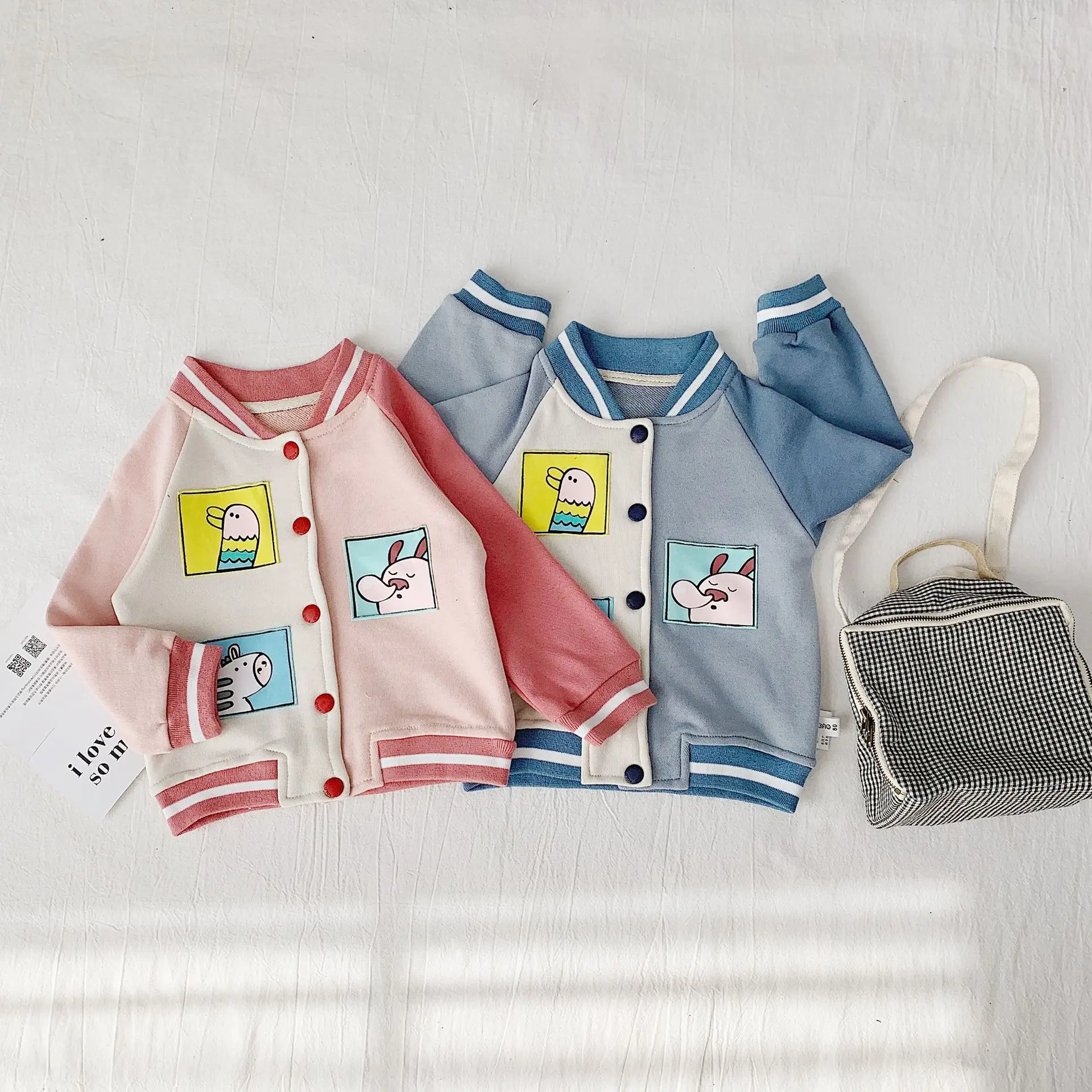 Autumn kids cartoon printing fashion color matching baseball jackets boys girls casual coats outwear