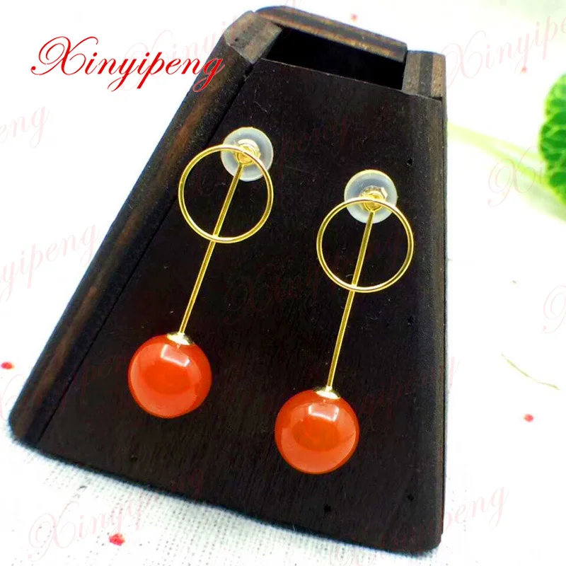 Женские серьги-подвески из натурального агата с инкрустацией 18-каратного