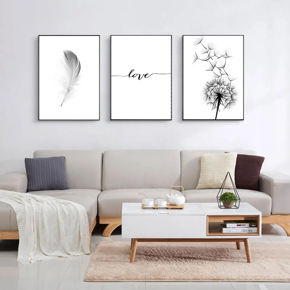 Black And White Poster Abstract Feather Canvas Print Dandelion Painting Love Quotes Posters Prints Wall Art Decor Unframed | Дом и сад