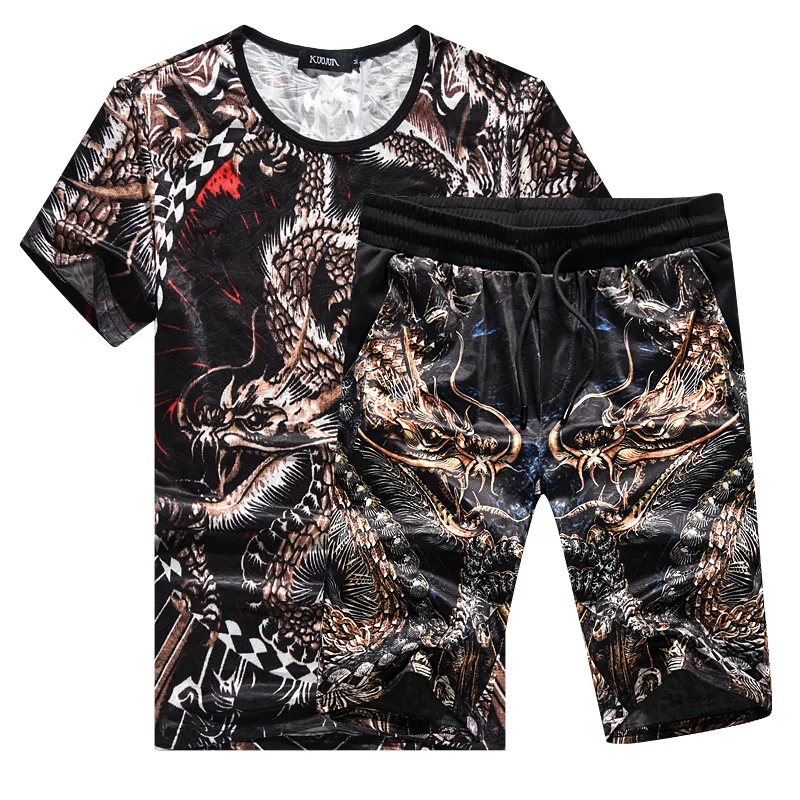 2019 летний комплект мужской повседневный костюм с рисунком дракона золотистого