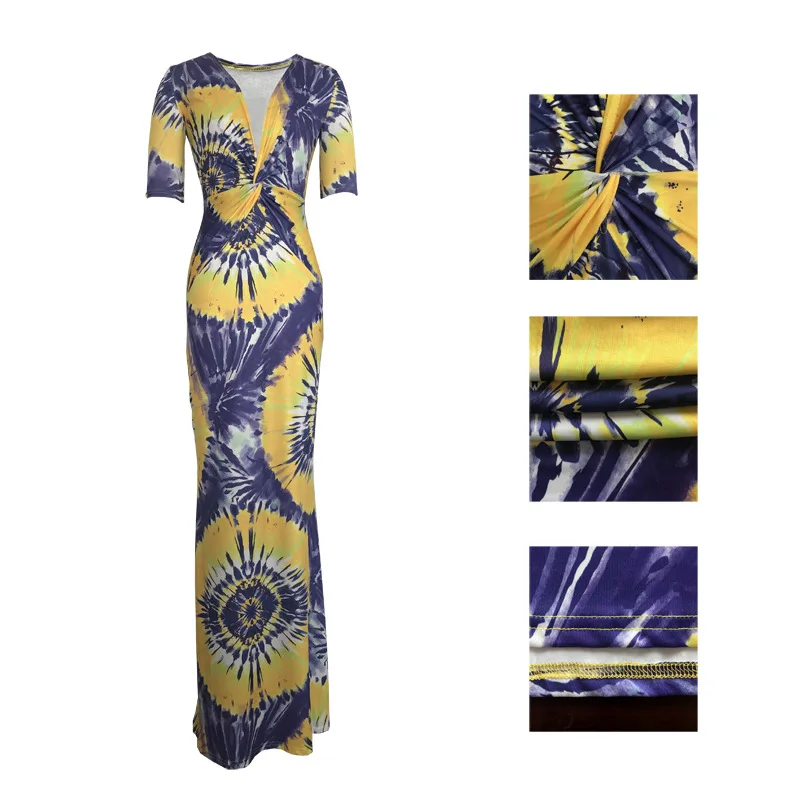 

Fashion Print Half Sleeve Deep V Sexy Bodycon Women Party Dress Vestidos Slim Maxi Dresses Women Long Dresses