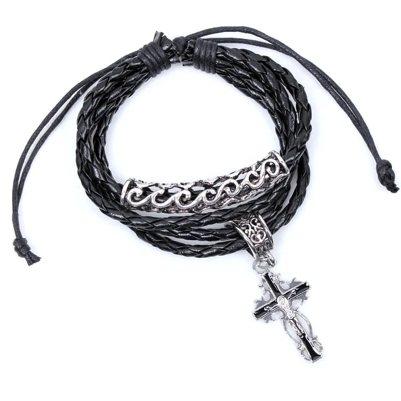 medieval retro style crucifix silver alloy bracelet black snake leather twine bracelete jewelry for women Free Shipping WD2041 | Украшения