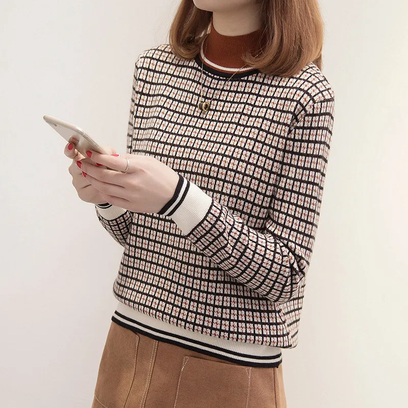 Spring Ladies Sweater 2019 New High Collar Loose Pullover Short Plaid Knitwear Autumn Wild Long Sleeve Bottoming Lj129 | Женская одежда