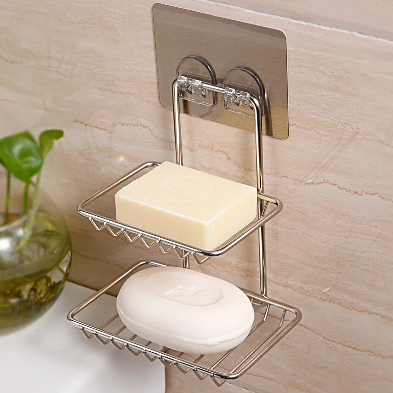 

2 Layers Stainless Steel Deck Suction Soap Holder Bath Soap Shelves Self-adhesive Adsorption Powerful Sucker Soap Dishes
