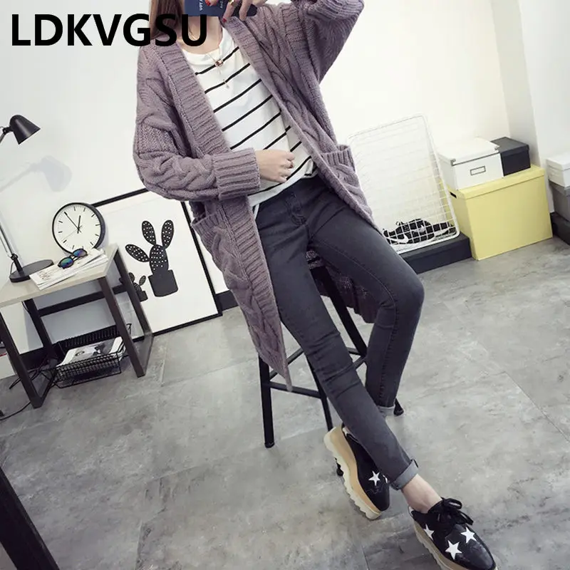 2018 Autumn Winter New Women's Korean Twist V-neck Knit Cardigan Loose Large Size Big Pocket Long Female Sweater Jacket Is1435 |