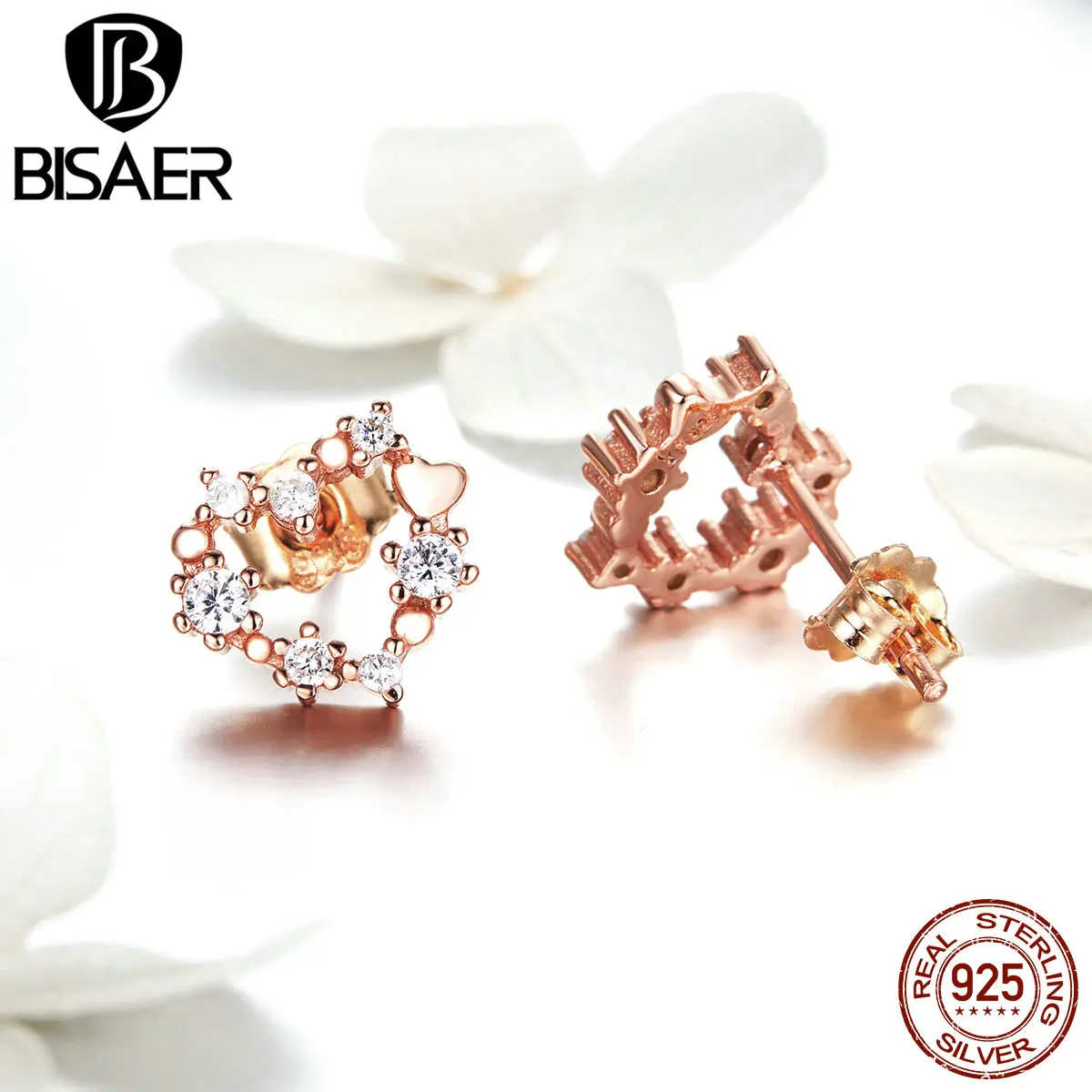 BISAER, 925 пробы, серебряные, прозрачные, CZ, розовое золото, блестящее сердце, серьги-гвоздики для женщин, вечерние, свадебные, серебряные украшения, серьги ECE575