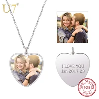 u7 100 925 sterling silver heart shape engraved personalized custom photo pendant necklace mothers day gifts for lovers sc83