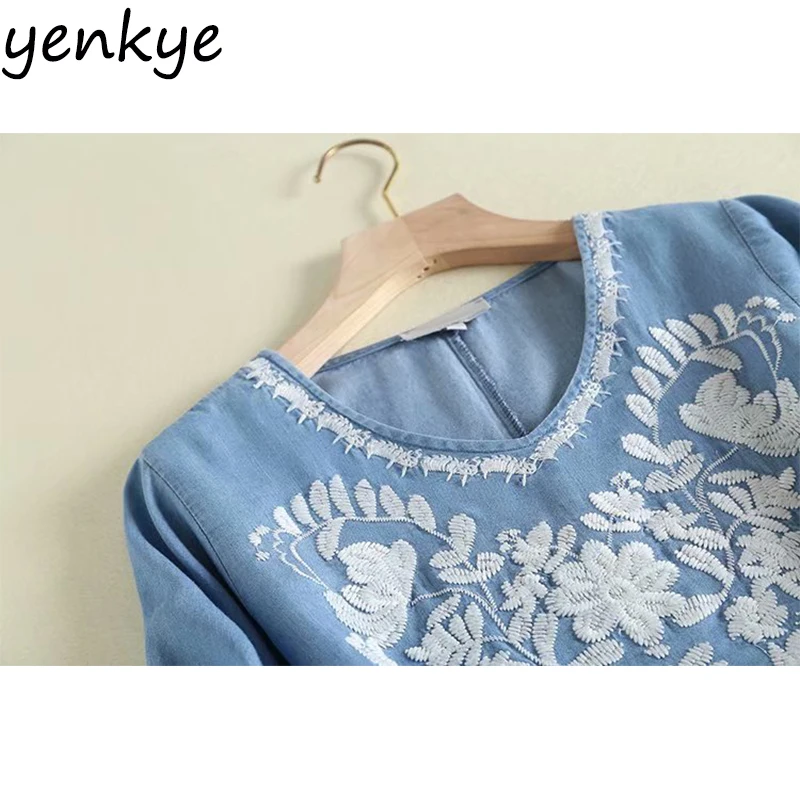 Women Vintage Blue Denim Dress Lady V Neck Flare Sleeve Summer Casual Floral Embroidery Dress Plus Size vestido