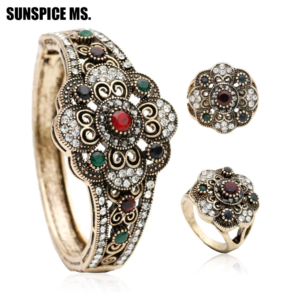 Элегантный женский круглый цветочный винтажный комплект из браслета и кольца