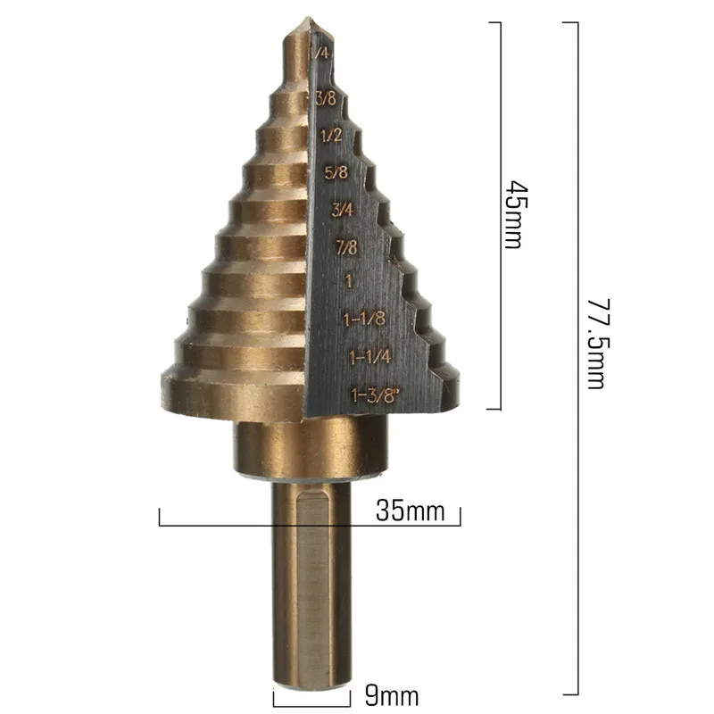 Большое ступенчатое сверло из быстрорежущей стали кобальт от 1/4 дюйма до 1-3/8 для