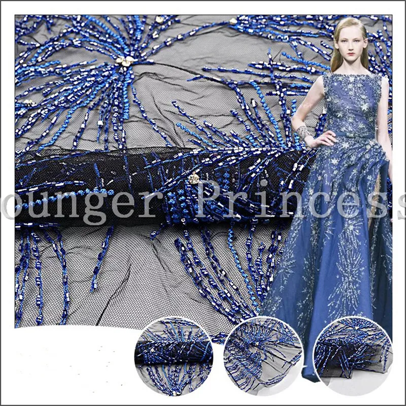 Кружевная ткань тюль в африканском стиле с большим количеством бусин и цветов