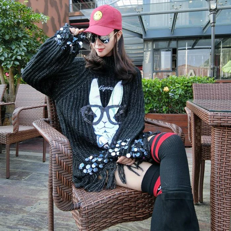 2019 winter new Thai tide brand women's cartoon sequins rabbit tassels set loose long sweater women | Женская одежда