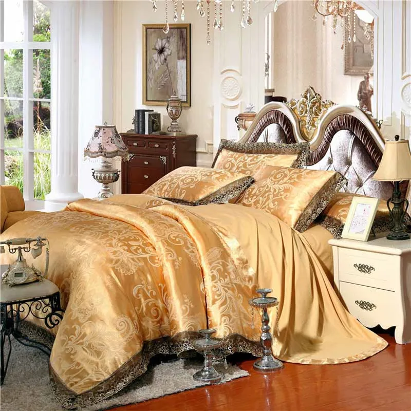

Gold/White/Blue Jacquard Bedding Set Luxury Satin Bed Set Duvet Cover King Queen Bedclothes Bed Linen Sets 29 Design