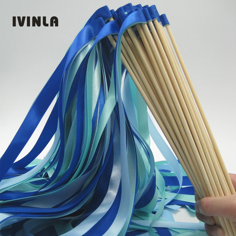 

Newest 50pcs/lot royal +light blue +green stain Wedding Ribbon Wands stick without Bells for wedding party