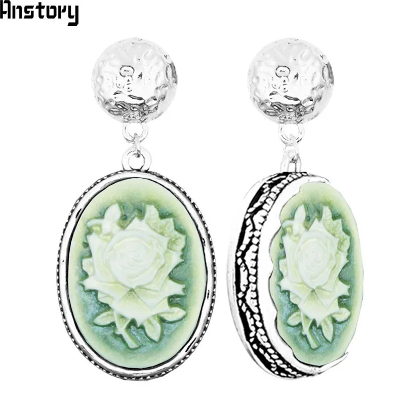Овальный Цветок розы серьги с камеей Стад Винтаж античный посеребренный модные