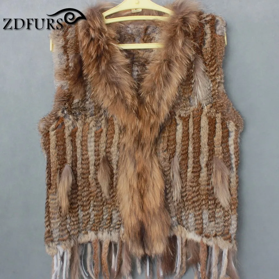 ZDFURS * вязаный жилет из кроличьего меха меховой воротник енота меха|rabbit fur waistcoat|rabbit