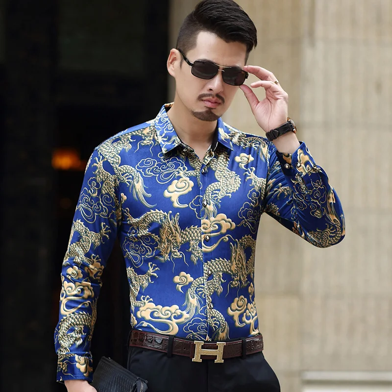 Высокое качество Camisa Masculina модная 2018 приталенная золотая бархатная рубашка