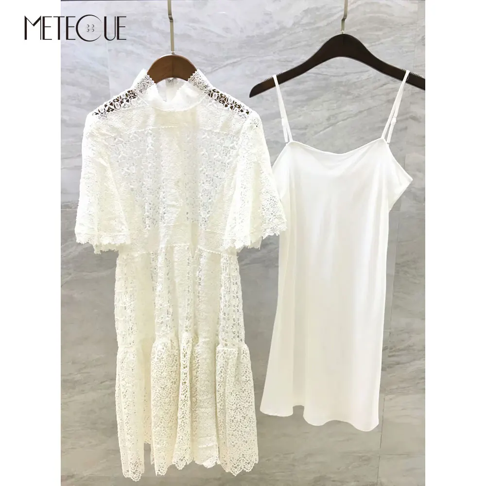 2 Pc Set White Lace Dress 2019 Spring Summer Fashion Stand Collar Butterfly Sleeve Midi | Женская одежда
