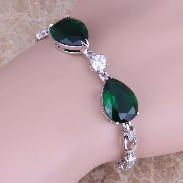 Блестящий зеленый кубический цирконий Посеребренная цепочка жемчужный браслет 7