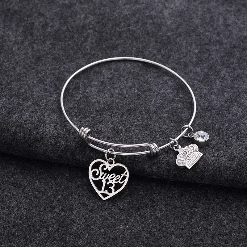 Girls 13th Birthday Jewelry Gift Fashion Crown Heart Bangle with Birthstone Charm Bracelet Accessories | Украшения и аксессуары