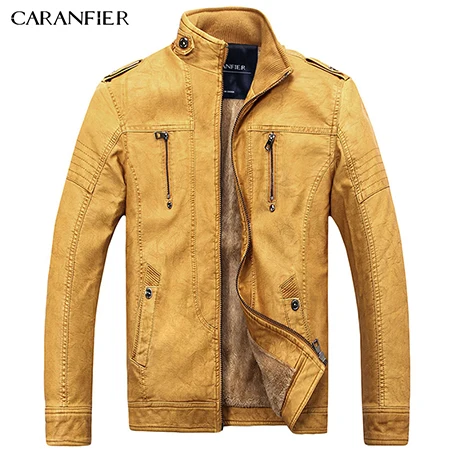 Caranfier Новинка года Для мужчин Повседневное мотоциклетная куртка из искусственной кожи Верхняя одежда зрелые бизнесменов Стиль Молнии мотоциклетная куртка Пальто и пуховики - Цвет: Цвет: желтый