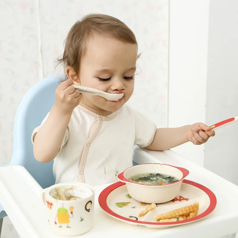 

5pcs/set Cartoon Pattern Nature Bamboo Fiber Tableware Set Kid's Round Plate Set Children Bamboo Fiber Dinnerware