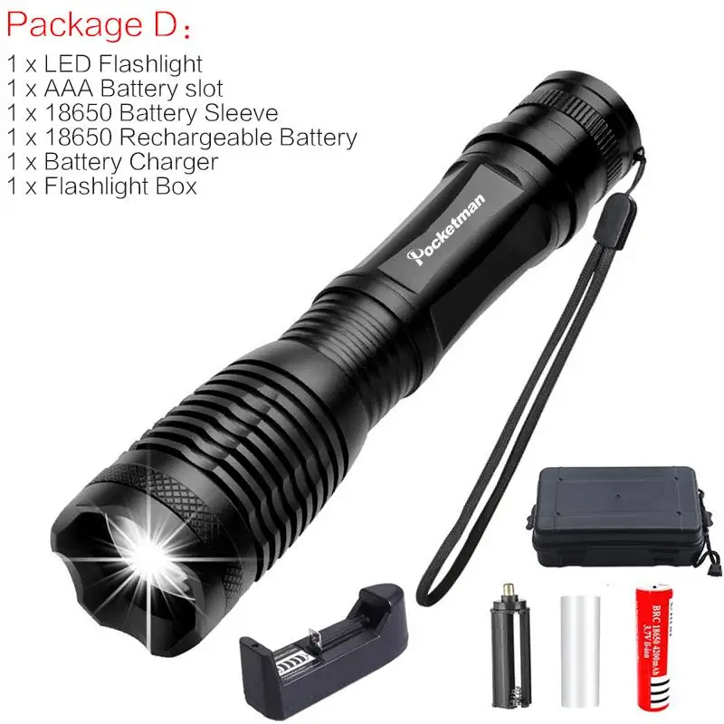 Package D Мощный 13000LM светодиодный фонарик V6 L2 T6 светодиодный фонарь Водонепроницаемый фонарь с увеличением с 5 режимов фонарик с Перезаряжаемые 18650 - Испускаемый цвет: Package D
